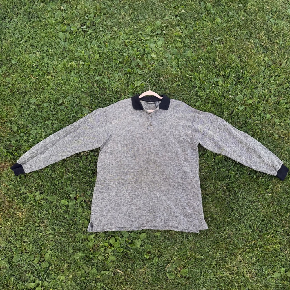 Expressions Long Sleeve Polo Shirt Medium Gray Textured Knit Collared Pullover